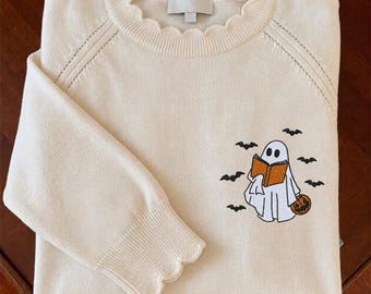 Halloween Ghost Sweater, Embroidered Book Lover Sweater, Cute Fall Pullover, Cozy Halloween Outfit for Women, Minimal Ghost Knit Sweater