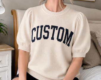 Personalized Knit Text Pullover Puff Sleeve Sweater, CUSTOM Sweatshirt, Soft Jacquard Sweaters, Gift for Him, Gift for Her