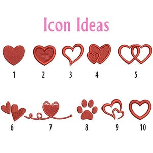 Peut inclure: Image pr&eacute;sentant dix motifs de broderie en forme de c&oelig;ur rouge, num&eacute;rot&eacute;s de 1 &agrave; 10, avec le texte "Icon Ideas" en rose au-dessus. Les motifs incluent des c&oelig;urs pleins, des c&oelig;urs contourn&eacute;s et une empreinte de patte.