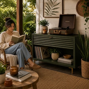 May include: A woman reading a book in a wicker chair on a porch. A dark green cabinet with a record player on top and records inside. The cabinet has a slatted front and gold legs. Plants and a candle are also visible.