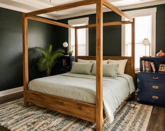 Rustic Four Poster Canopy Bed Woodworking Plans PDF, DIY Canopy Bed Plans, Queen Bed Woodworking Plan, Modern Farmhouse Bed Digital Download