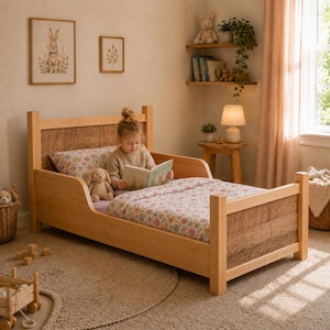 Op de afbeelding: Een lichtgekleurd houten peuterbed met een hoofdbord en voetbord met een rustiek houten paneelontwerp. Het bed is opgemaakt met bloemmotief beddengoed. Een kind leest een boek in bed.