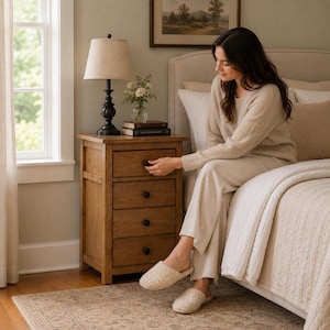 Peut inclure: Une table de chevet en bois à trois tiroirs, une lampe noire et un abat-jour beige. Une femme est assise sur un lit vêtue d'un pull et d'un pantalon beiges. La pièce a une palette de couleurs neutres avec un tapis et une peinture.