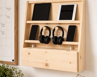DIY Wall Charging Station Woodworking Plans, Wooden Device Organizer PDF, Phone Tablet Headphone Holder, Wall Mounted Electronics Storage