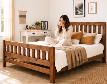 Rustic Farmhouse Bed Woodworking Plans PDF, DIY Bed Frame Plans, Queen Bed Woodworking Plans, Wooden Platform Bed Digital Download