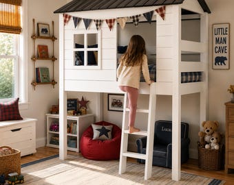 Kids Clubhouse Loft Bed Woodworking Plans PDF, DIY House Bed Plans, Children’s Loft Bed Build Plans, Kids Bedroom Furniture Digital Download