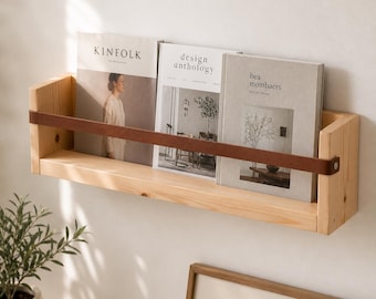DIY Wall Magazine Rack Woodworking Plans, Wooden Wall Book Holder PDF, Floating Book Display Shelf, Leather Strap Magazine Organizer
