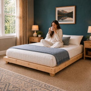 May include: A light wood platform bed with a white mattress and a blue blanket. A woman sits on the bed, holding a mug. The room has a window, a painting, and two nightstands with lamps.