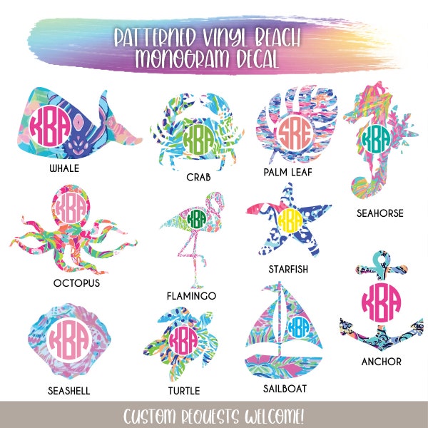 Patterned Beach Monogram Vinyl Decal Solid | Glitter | iPhone | Car | BruMate | Tumbler | Yeti | Wine Glass | Leopard | cheetah | Mermaid