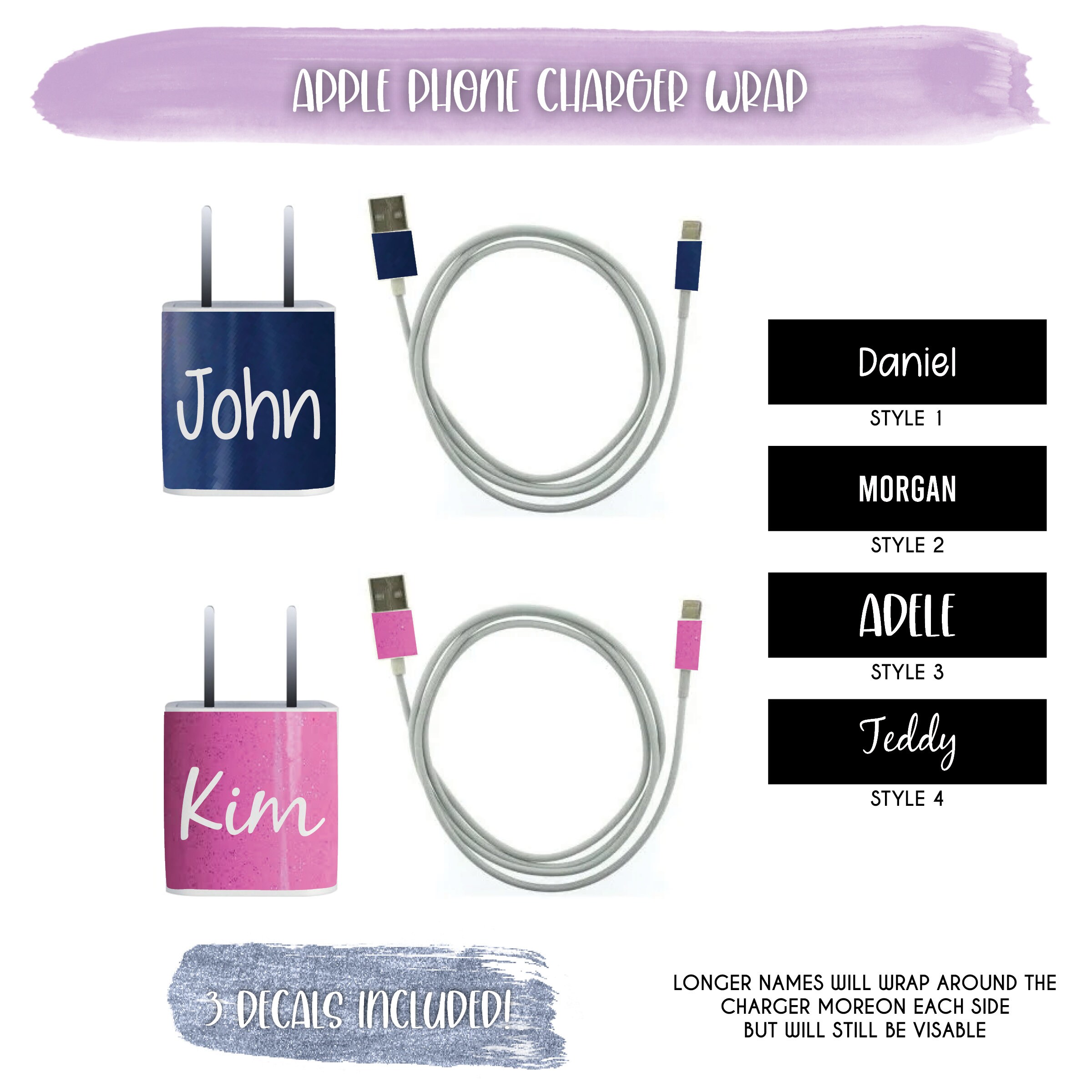 iPhone Apple Charger Wrap with Name | solid | glitter | leopard | ada…