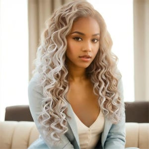 Peut inclure: Une femme aux longs cheveux blonds bouclés. Elle porte un blazer bleu clair sur un haut blanc. L'arrière-plan est flou, avec des tons neutres.