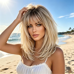Puede incluir: Una persona con cabello rubio largo y en capas y flequillo posa en una playa. Lleva una camiseta blanca con tirantes finos. El fondo incluye una playa de arena, el océano y un cielo azul soleado.