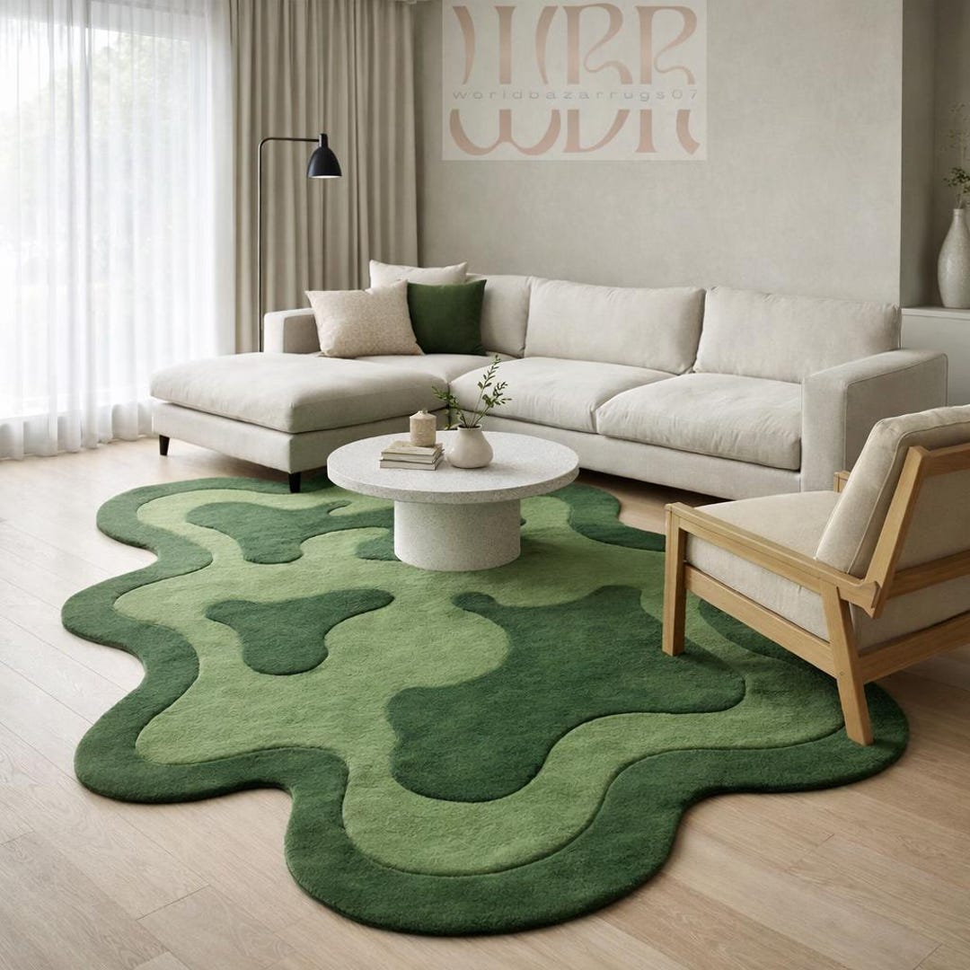 Organico Rugs Hand-tufted Abstract Green Wavy Rug – Organic Shape Wool Carpet - Etsy