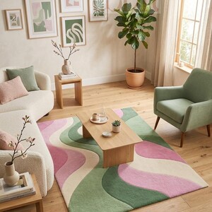 Tapis vague abstraite pastel, moquette capitonnée rose-vert moderne, tapis de sol doux pour le salon