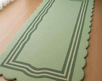 Elegant Mint Green Scalloped Border Runner Rug | Soft Modern Floor Carpet for Living Room