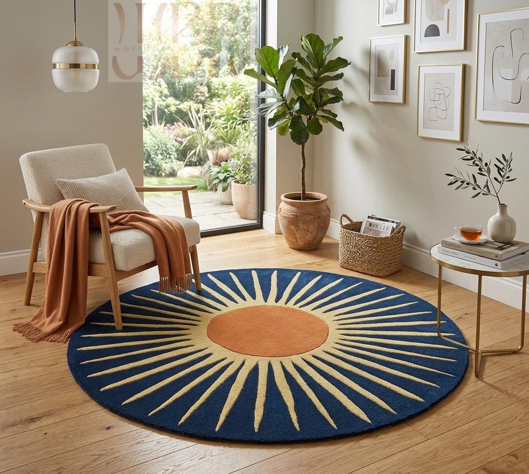 Large Navy Round Rugs Hand-tufted Sunburst Round Rug – Navy, Terracotta, Ivory Contemporary ...