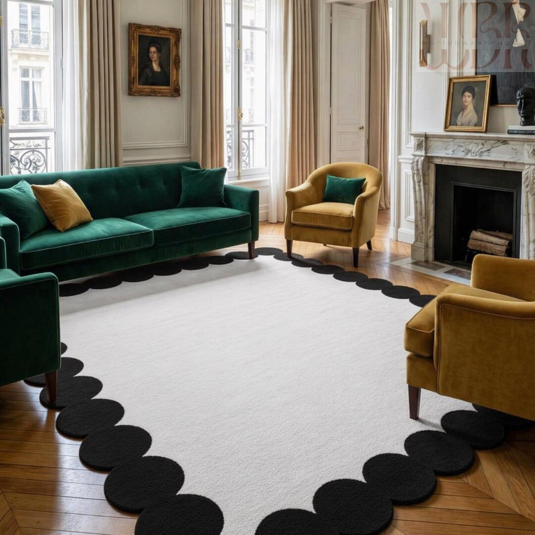 White Boarder Rug White Scalloped Border Area Rug – Plush Carpet With Black Edge Design ...