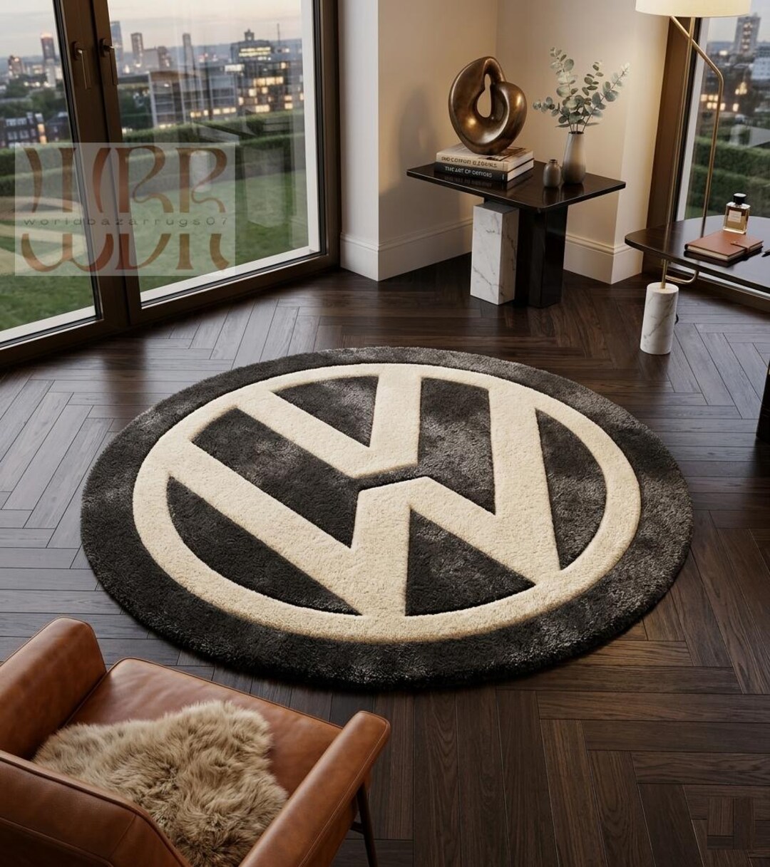 Vw T4 Rear Rugs Volkswagen Logo Round Rug – Black Ivory Tufted Carpet for Living Room ...