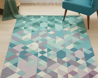 Modern Geometric Area Rug – Teal, Mint Green & Purple Triangle Pattern Soft Carpet