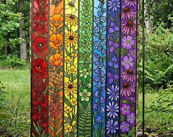 Rainbow Flowers Stained Glass Art Garden Flag, Floral LGBT Yard Banner, Inclusive Gift, LGBTQ+ Pride Month Yard Decoration