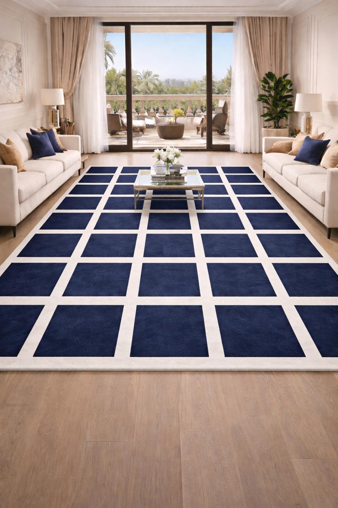 Navy Blue Box Pattern Carpet Design With White Grid for Modern Living ...