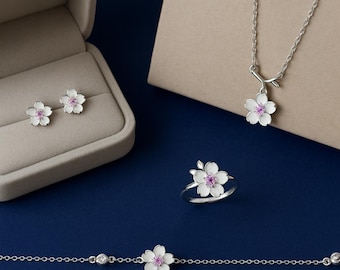 925 sterlingzilveren sieradenset kersenbloesem – ketting, oorbellen, armband en ring | Bloemensieraden | Cadeau voor haar| Cadeauzakje