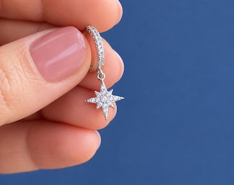 925 Sterling Silver Starburst Huggie Hoop Earrings, Sparkling North Star Earrings, Celestial Hoops, Silver Star Hoops, Gift Bag