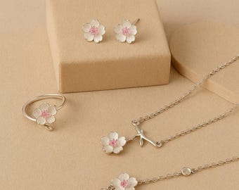 925 sterlingzilveren sieradenset kersenbloesem – ketting, oorbellen, armband en ring | Bloemensieraden | Cadeau voor haar| Cadeauzakje