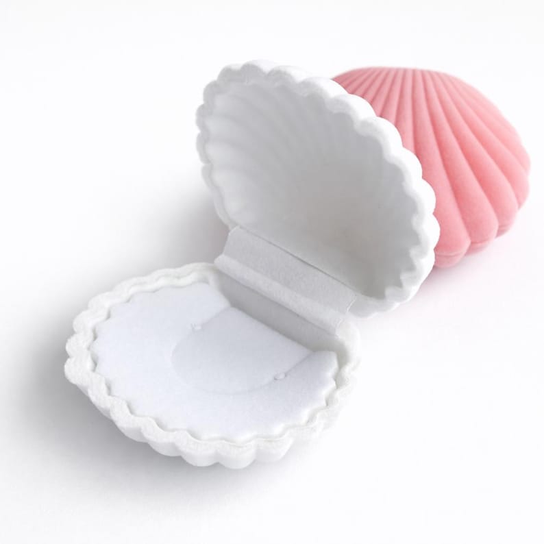 Puede incluir: Dos joyeros con forma de concha. Uno est&aacute; abierto, revelando un interior blanco, y el otro est&aacute; cerrado, en un color rosa suave. Las cajas tienen un borde festoneado y est&aacute;n sobre un fondo blanco.
