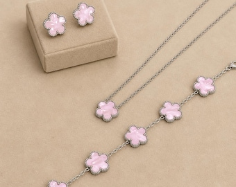 18k versilbertes Sterling Silber Schmuck Set / rosa Klee Halskette Armband Ohrstecker / Muschel Effekt doppelseitiger Klee / Geschenk Tasche