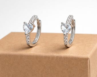 925 Sterling Silver Heart Huggie Hoop Earrings – Cubic Zirconia  | Gift Bag | For Her