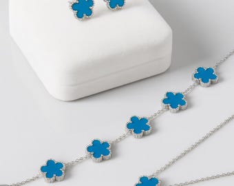 18k vergulde sterlingzilveren sieradenset / blauwe klaver ketting armband oorknopjes / dubbelzijdig klavertje / Cadeauzakje