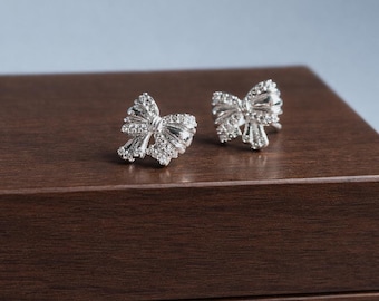 925 Sterling Silver Bow Stud Earrings | Ribbon Bow CZ Studs | Gift Bag