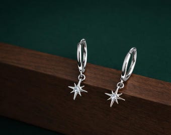Sterling Silver Starburst Huggie Hoop Earrings, Dainty North Star Earrings, Celestial Hoops, Gift Bag