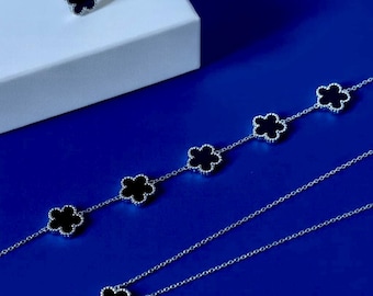 18k vergulde klaver 925 sterling zilveren sieraden set / zwarte klaver ketting armband oorknopjes / dubbelzijdig klaver / cadeauzakje