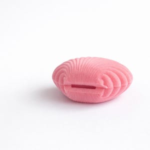 Puede incluir: Una caja de joyer&iacute;a rosa en forma de concha con una superficie texturizada y acanalada. La caja est&aacute; hecha de un material suave y tiene una peque&ntilde;a abertura. La caja est&aacute; sobre un fondo blanco.