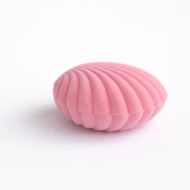 Puede incluir: Una caja de joyer&iacute;a rosa en forma de concha con una textura suave y aterciopelada. La caja es de un tono rosa claro y tiene un dise&ntilde;o acanalado, que se asemeja a una concha. La caja est&aacute; cerrada y sobre una superficie blanca.