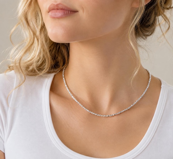 925 Sterling Silver Bead Necklace, Minimalist Beads,  Layering Necklace, Tarnish Resistant, Gift Bag