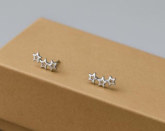 925 Sterling Silver Star Stud Earrings – Dainty Crawler Star Studs – Gift Bag