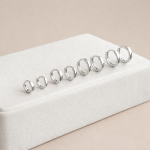 Può includere: Un set di otto orecchini a cerchio color argento disposti in fila per dimensione crescente. Ogni orecchino presenta una finitura metallica liscia e lucida e un meccanismo di chiusura a cerniera, creando un aspetto coerente nell'insieme.