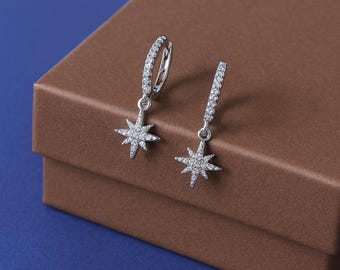 Sterling Silver Starburst Huggie Hoop Earrings, Sparkling North Star Earrings, Celestial Hoops, Silver Star Hoops, Gift Bag