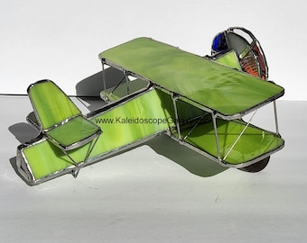 Stained Glass Airplane Kaleidoscope ~ Bi-Plane Lime Green Kaleidoscope ~ Handmade USA ~ Pilots ~ Unique Gifts ~ Fun Beautiful View