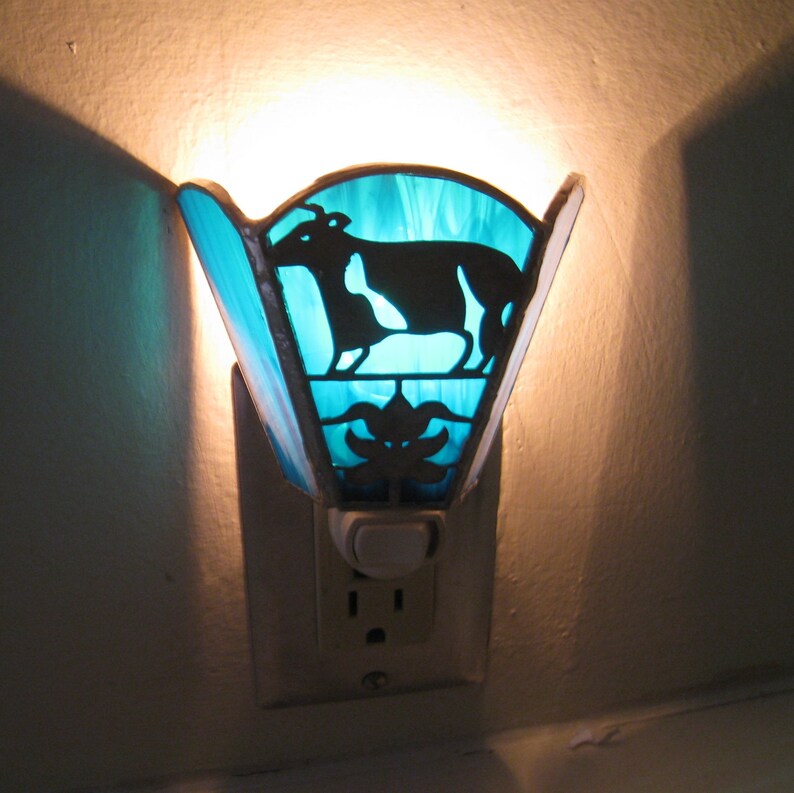 Stained Glass Cow Night Light Blue Cow Nightlight Handmade Etsy