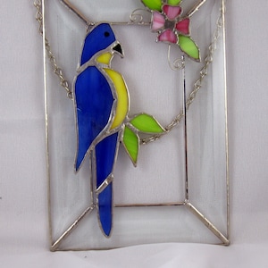 Blue Jay Suncatcher ~ Blue bird clear beveled glass ~ Rectangle stained glass bird suncatcher ~ Handmade ~ Nature Flower Bird
