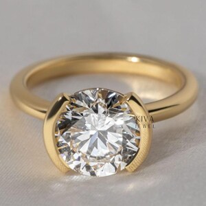 Round Cut Moissanite Ring, 925 Silver Dainty Solitaire Moissanite Ring, Half Bezel Wedding Engagement Ring, Ring For Women, Anniversary Gift