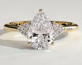 Unique Cluster Wedding Ring, 14K Gold Plated Ring, Anniversary Gift For Her, Engagement Ring For Bridal, 2.2 Ct Pear Moissanite, Womens Gift