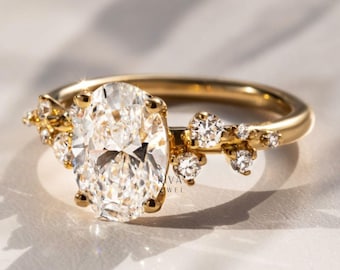 Cluster Moissanite Ring, 2.80 Ct Oval Cut Moissanite Ring, 14K Gold Plated Engagement Ring, Ring For Women, Promise Ring, Wedding Gifts