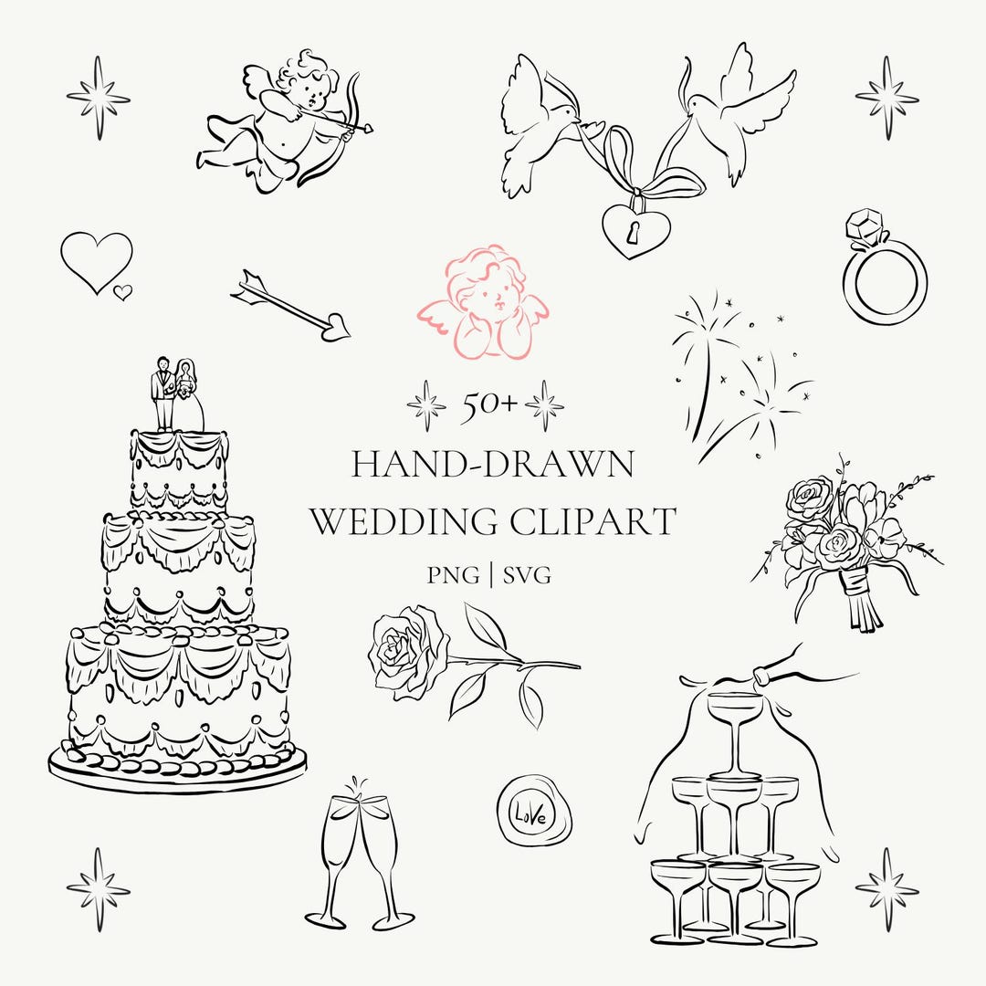 Hand Drawn Wedding Clipart Bundle, Whimsical Doodles, Line Art (SVG ...
