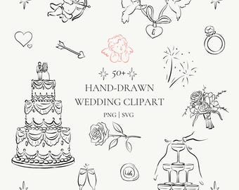 Paquete de imágenes prediseñadas de boda dibujadas a mano, garabatos extravagantes y arte lineal (SVG, PNG, uso comercial)