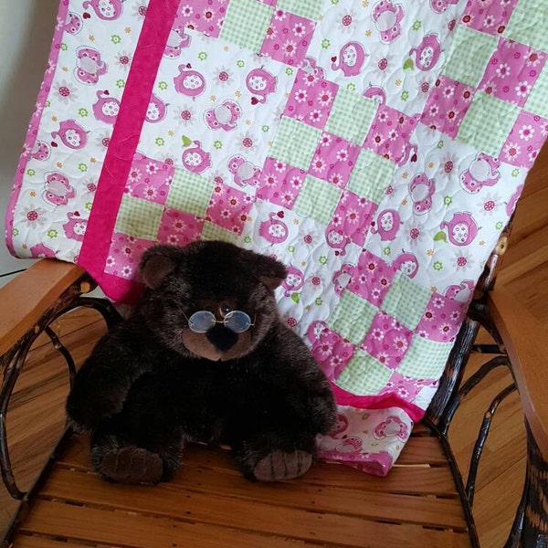 Patchwork Pink Elephant Baby Quilt, Baby Quilt Blanket, Baby Birds Baby Girl Blanket